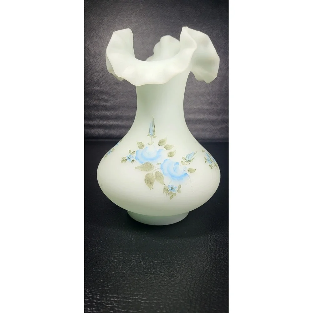 Fenton Hand Painted Signed Fenton Glass Blue Rose On Blue Satin Ruffle Vase